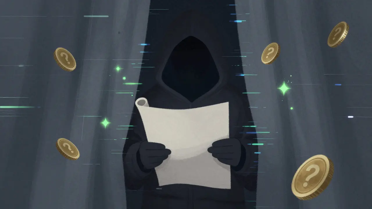 Shadowy anonymous figure hiding behind static, representing unverified crypto tokens and hidden risks.