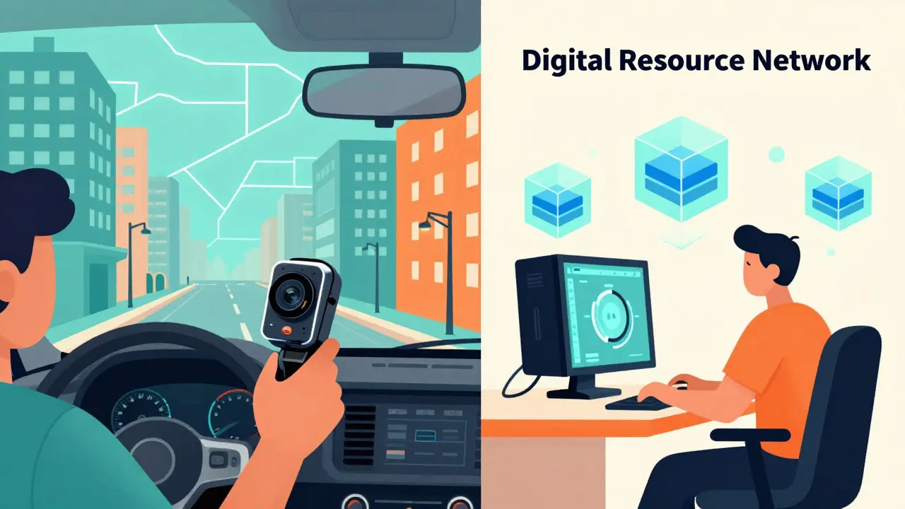Split scene showing dashcam mapping and PC computing power