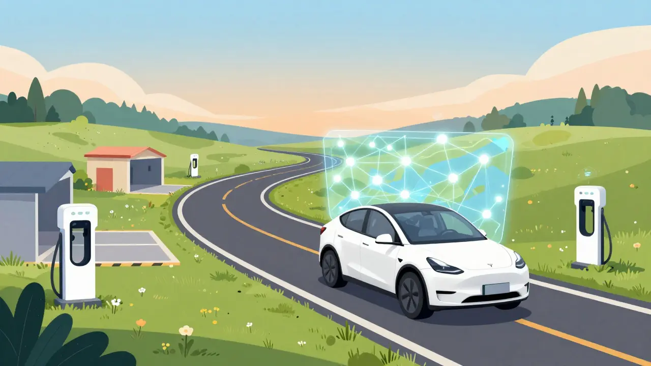Storybook art of an EV traveling on a network of shared charging stations.