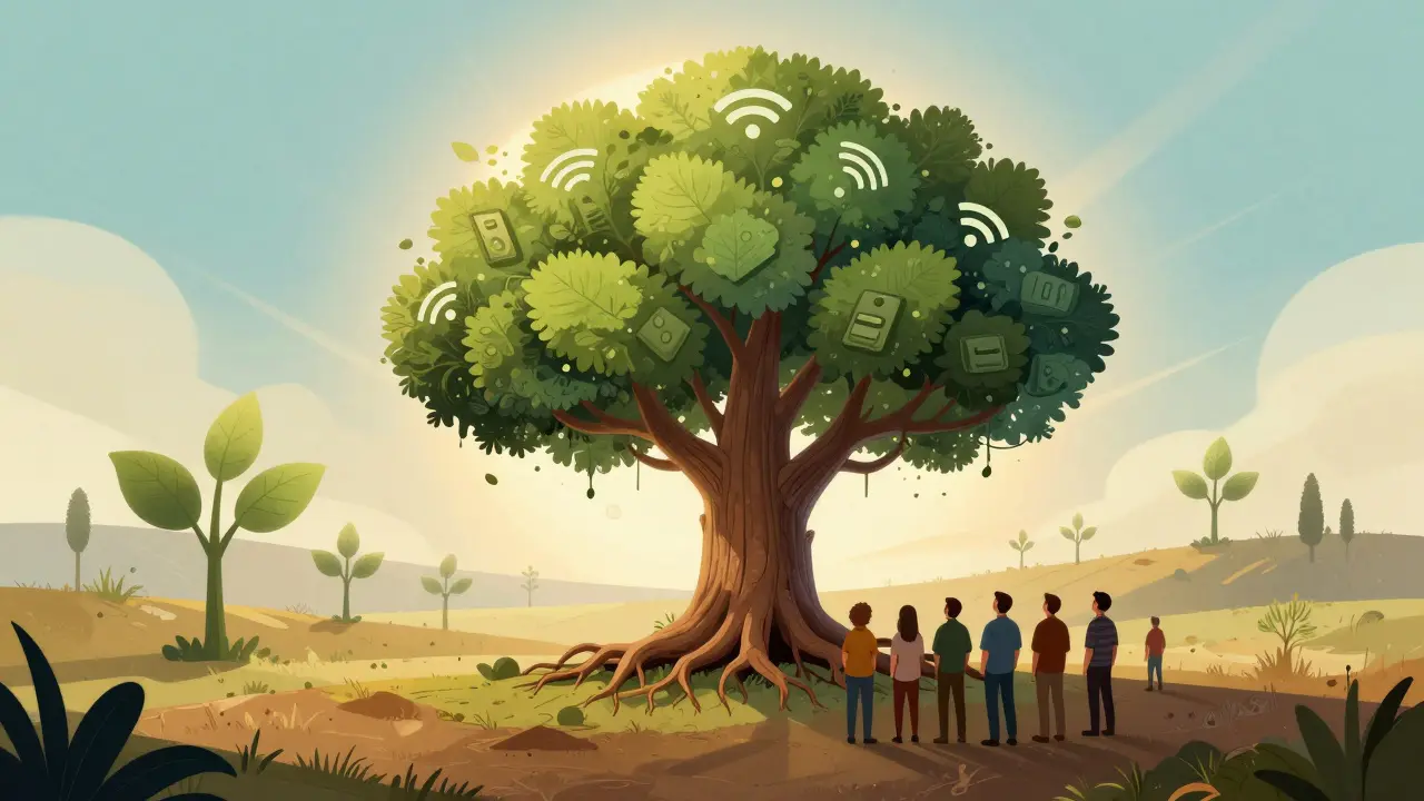 Thriving infrastructure tree with diverse community nearby
