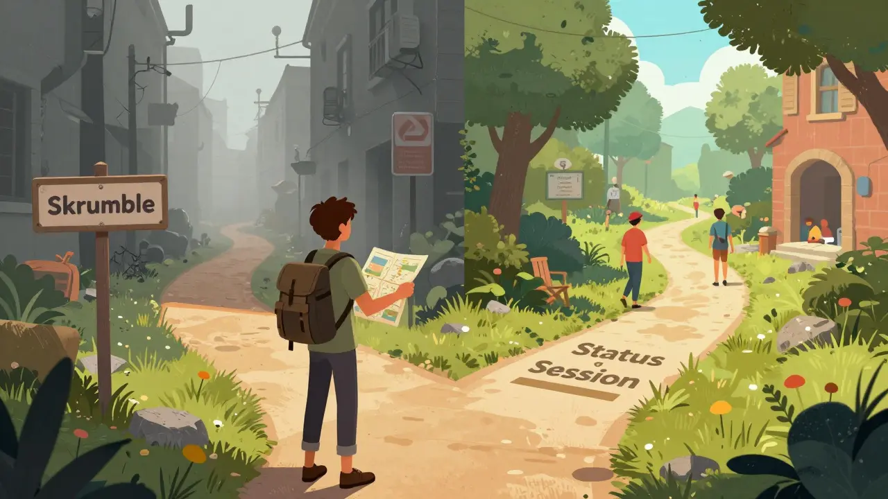 Traveler choosing between a foggy dead end and a bright, busy path