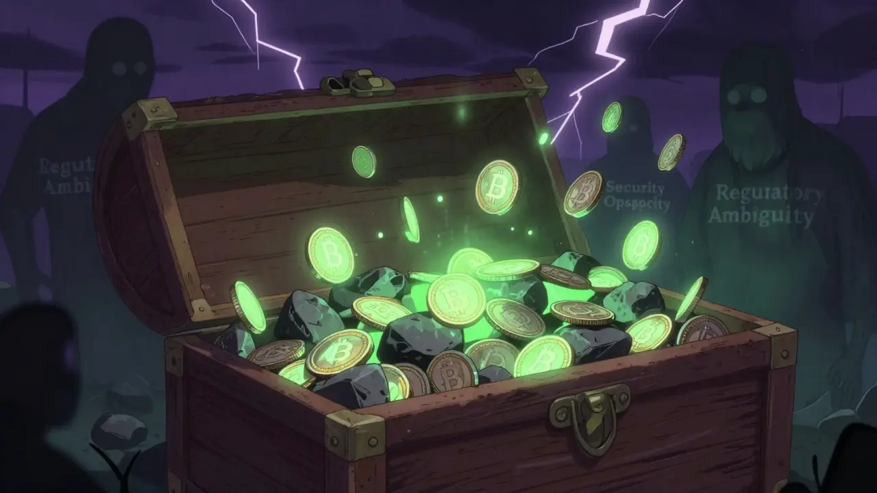 Treasure chest with fading coins and shadowy risk monsters