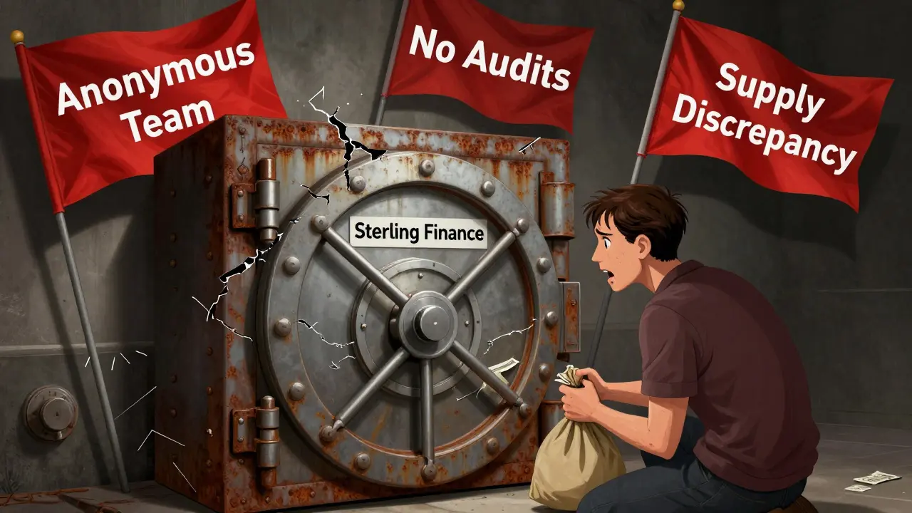User trapped by a broken vault door with red flags warning of security risks