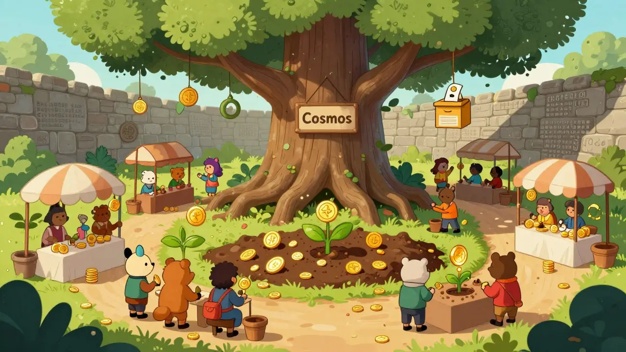 Vibrant community market scene showing trading, farming, and voting.