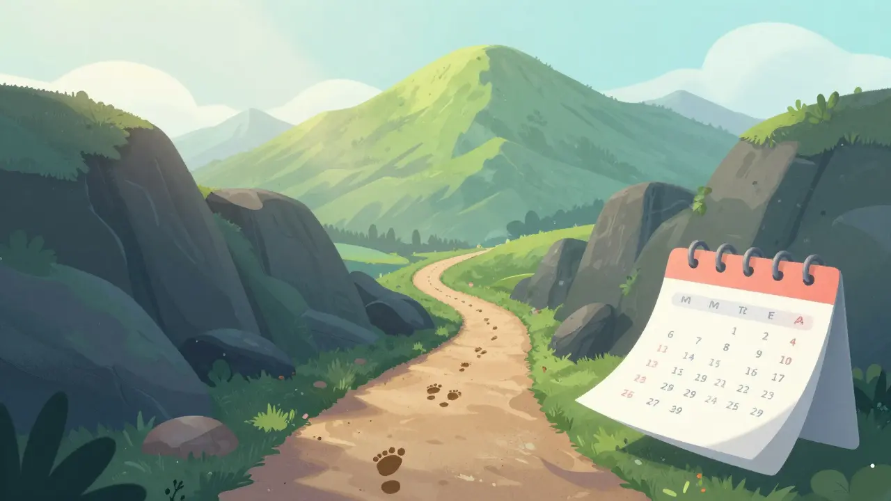 Whimsical drawing of consistent investing steps leading to long-term wealth growth