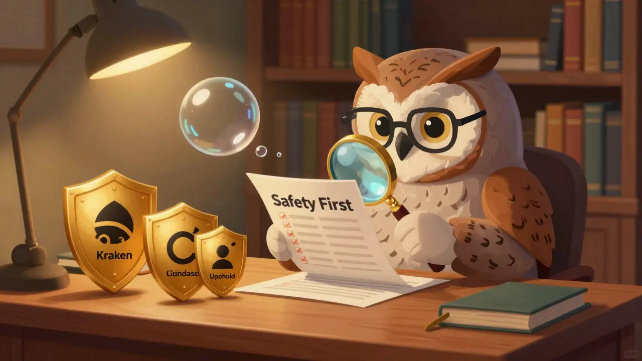 Wise owl reviewing safety checklist with golden shields against a popping bubble.