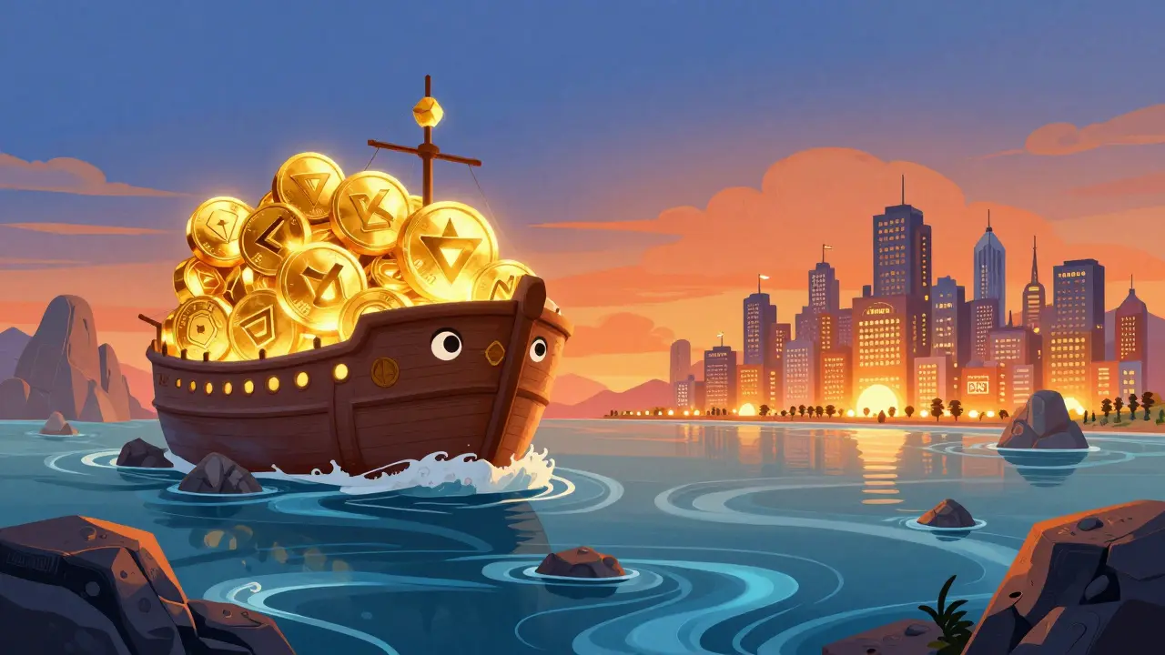 A magical ship carrying golden tokens sailing towards a bright harbor.