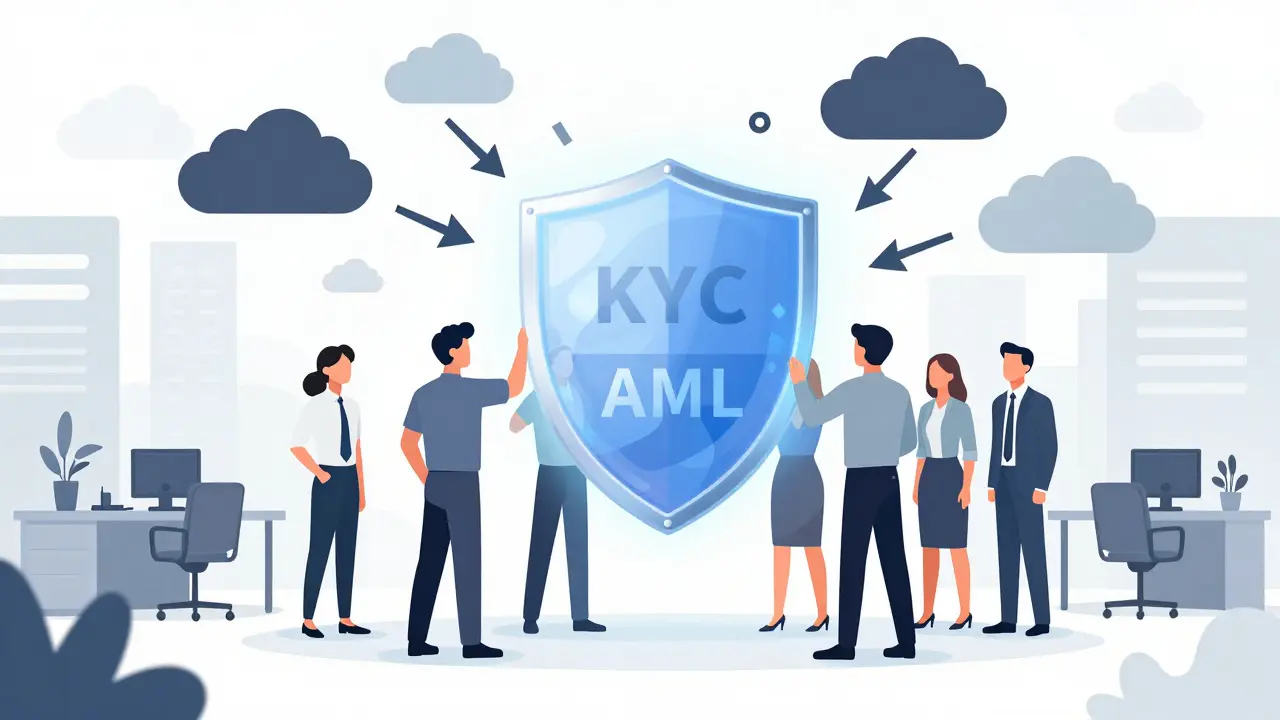 A whimsical illustration of professionals holding a protective compliance shield against financial chaos.