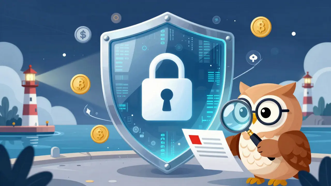 A wise owl protecting a crypto wallet with a shield against phishing attacks.