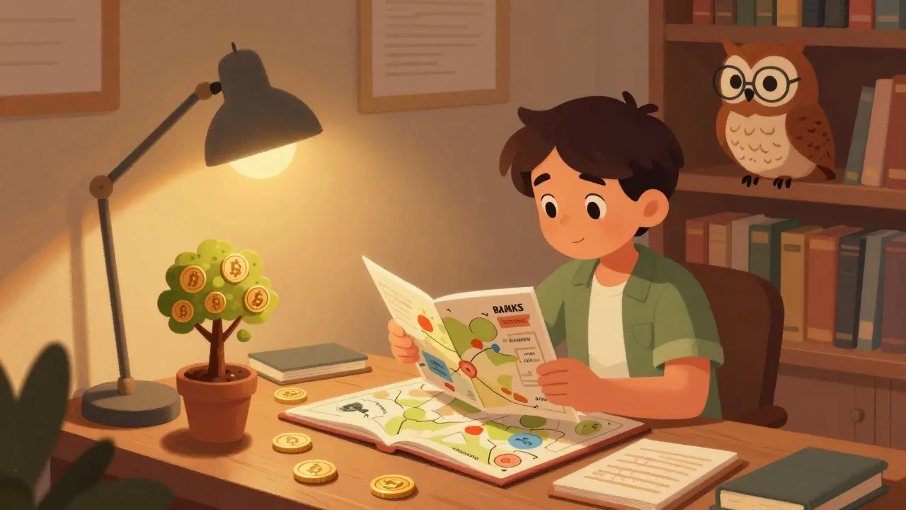 A young explorer studying a map of crypto investments with a wise owl.