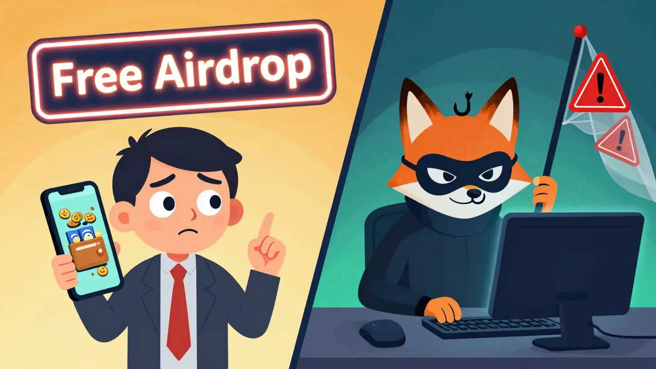 An innocent investor tempted by a fake airdrop while a scammer lurks nearby.
