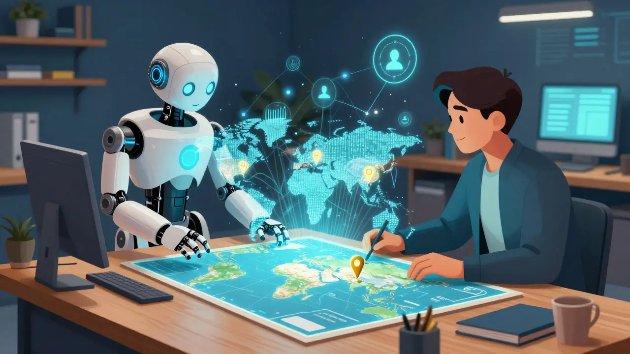 Analyst and robot mapping global crypto expansion