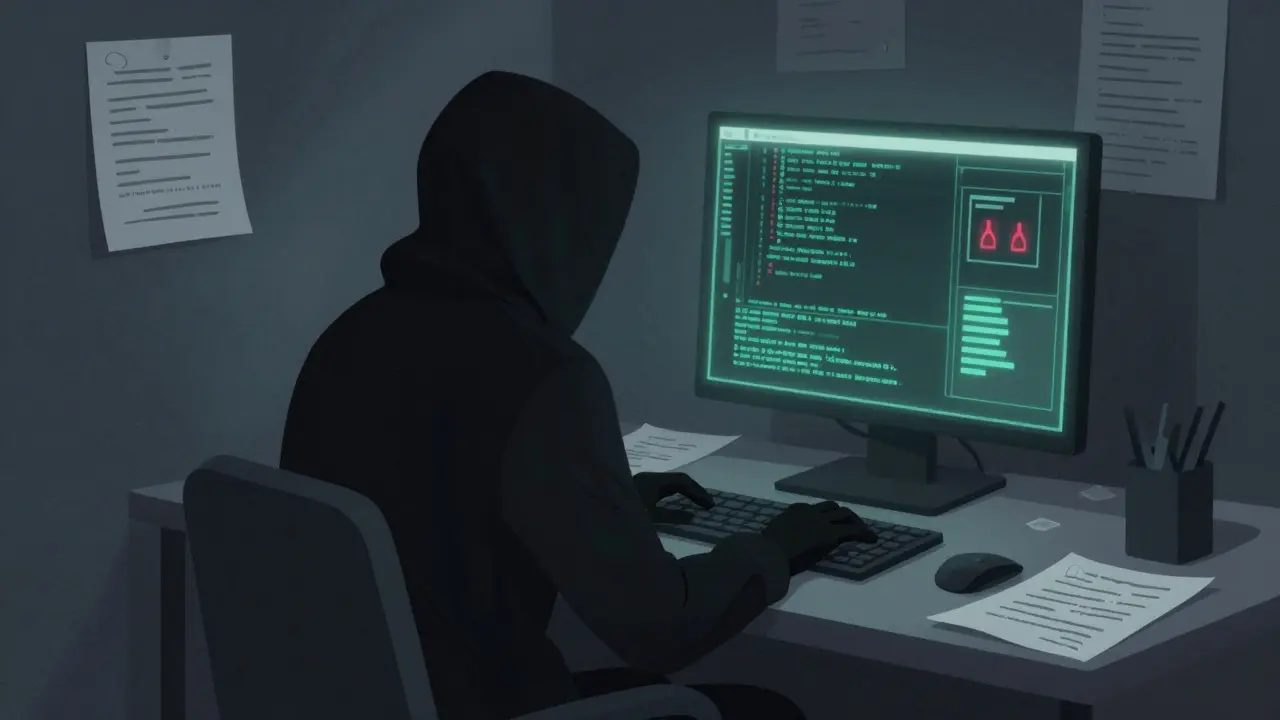 Anonymous hooded figure at a desk with abstract warning symbols