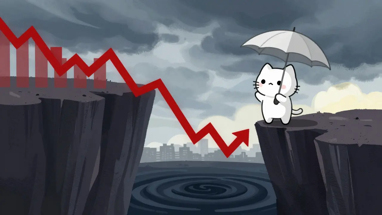 Cartoon cat standing nervously on a cliff edge above a red chart abyss