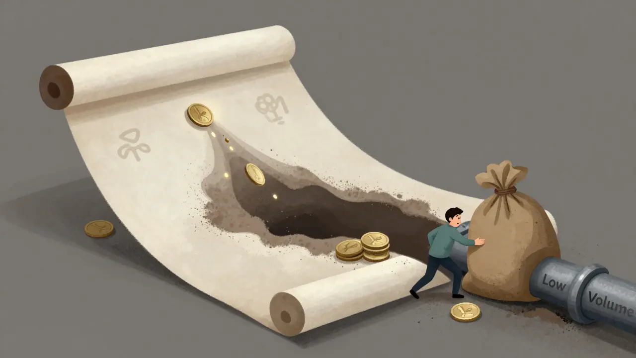 Cartoon showing low liquidity with coins trickling into an empty void.