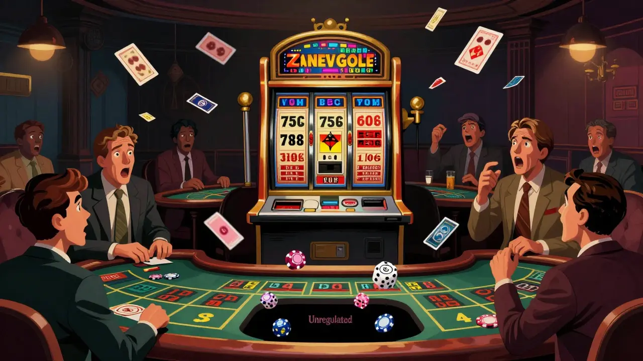 Chaotic gambling den illustrating market manipulation and lack of regulation