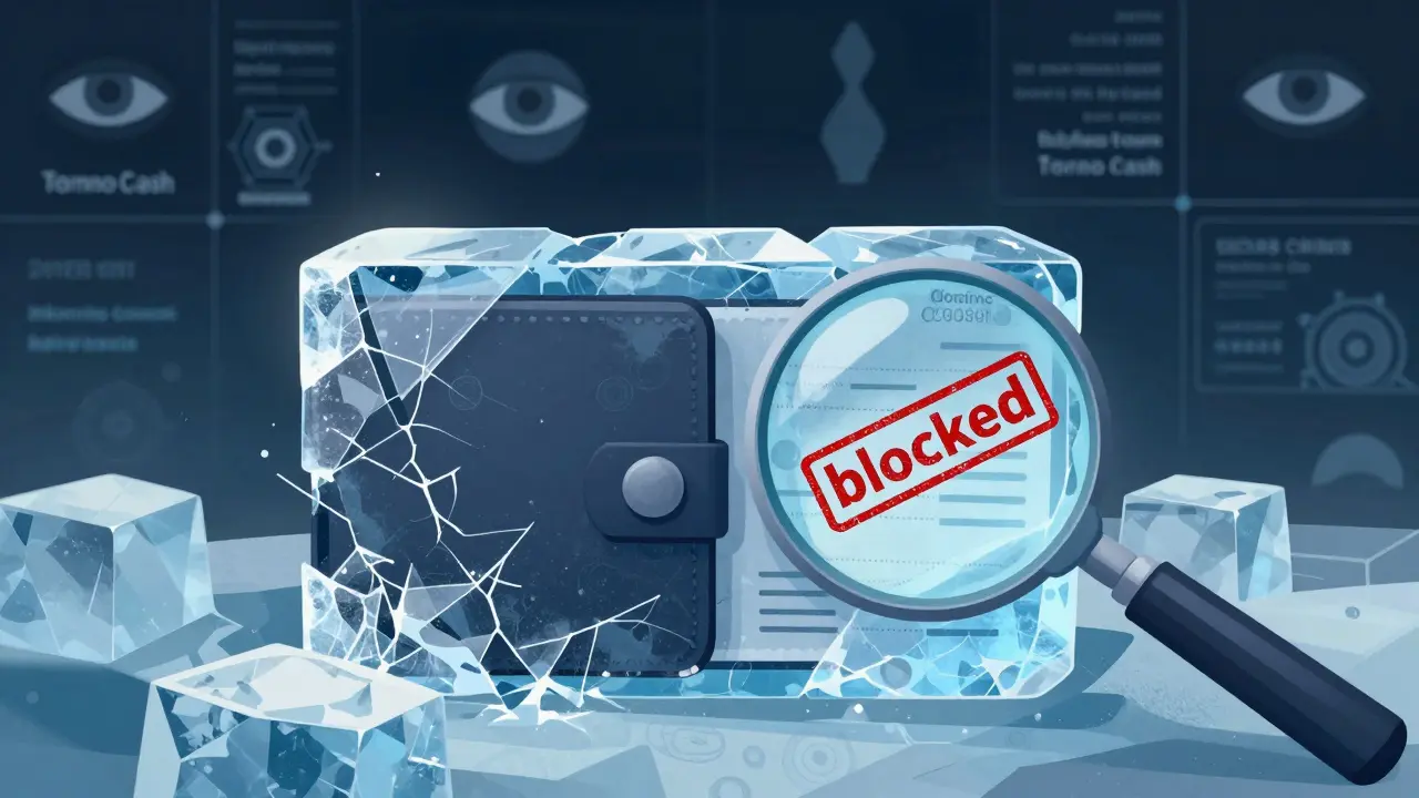 Digital wallet frozen in ice with surveillance eyes in background