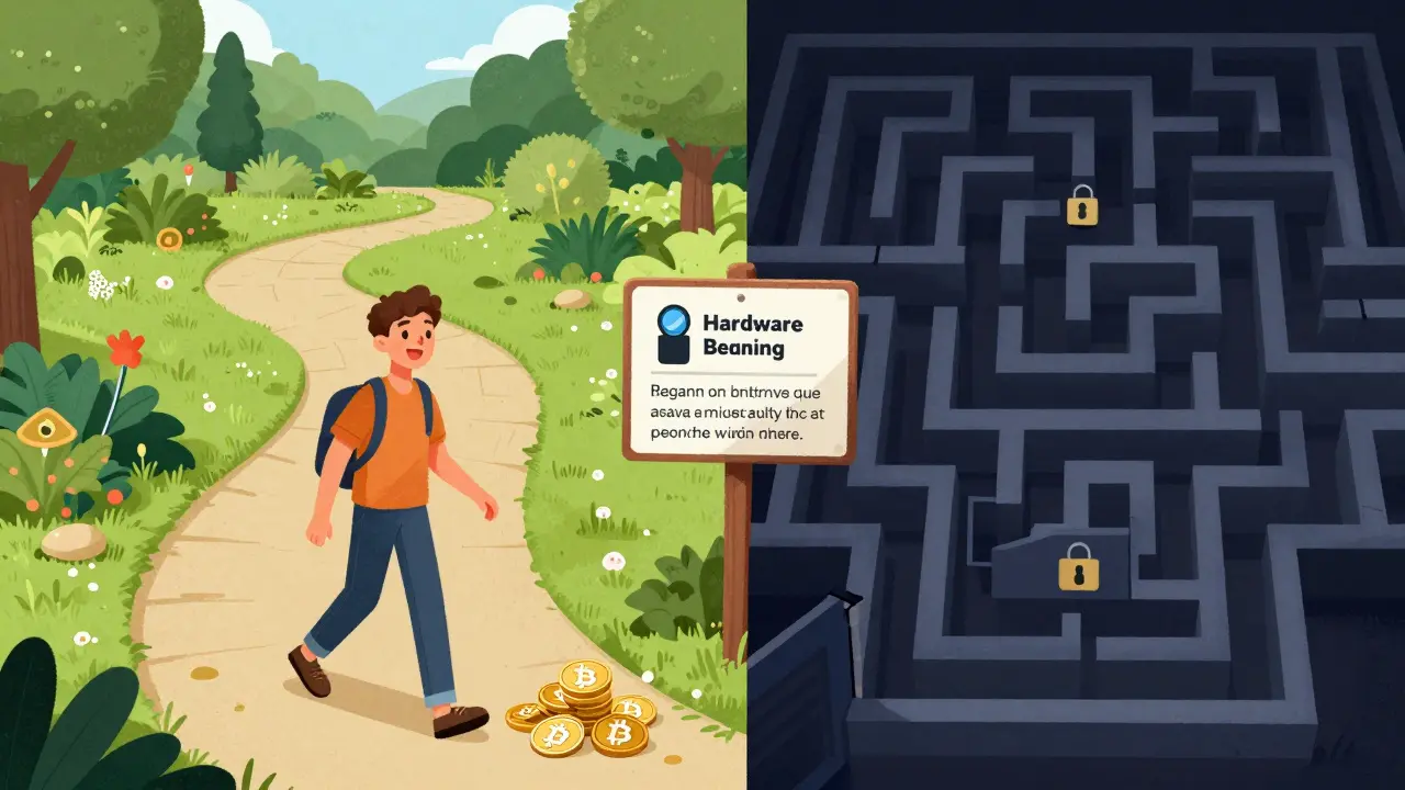 Illustration comparing simple crypto buying vs complex trading mazes