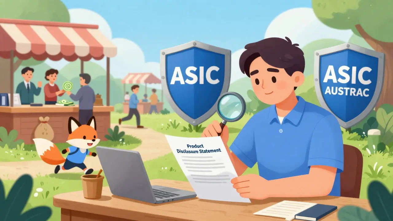 Illustration of a consumer checking documents while ASIC and AUSTRAC shields protect them.