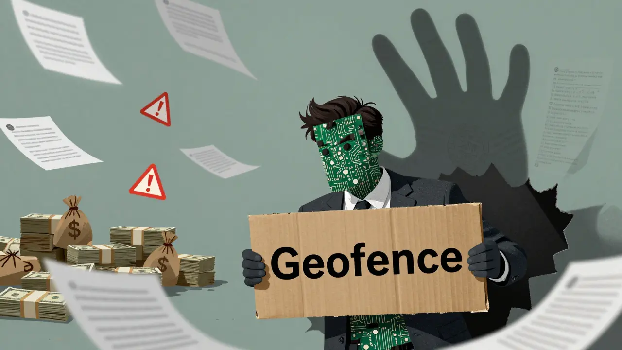 Illustration of a crypto executive hiding behind a flimsy geofence as authorities reach through to seize funds.