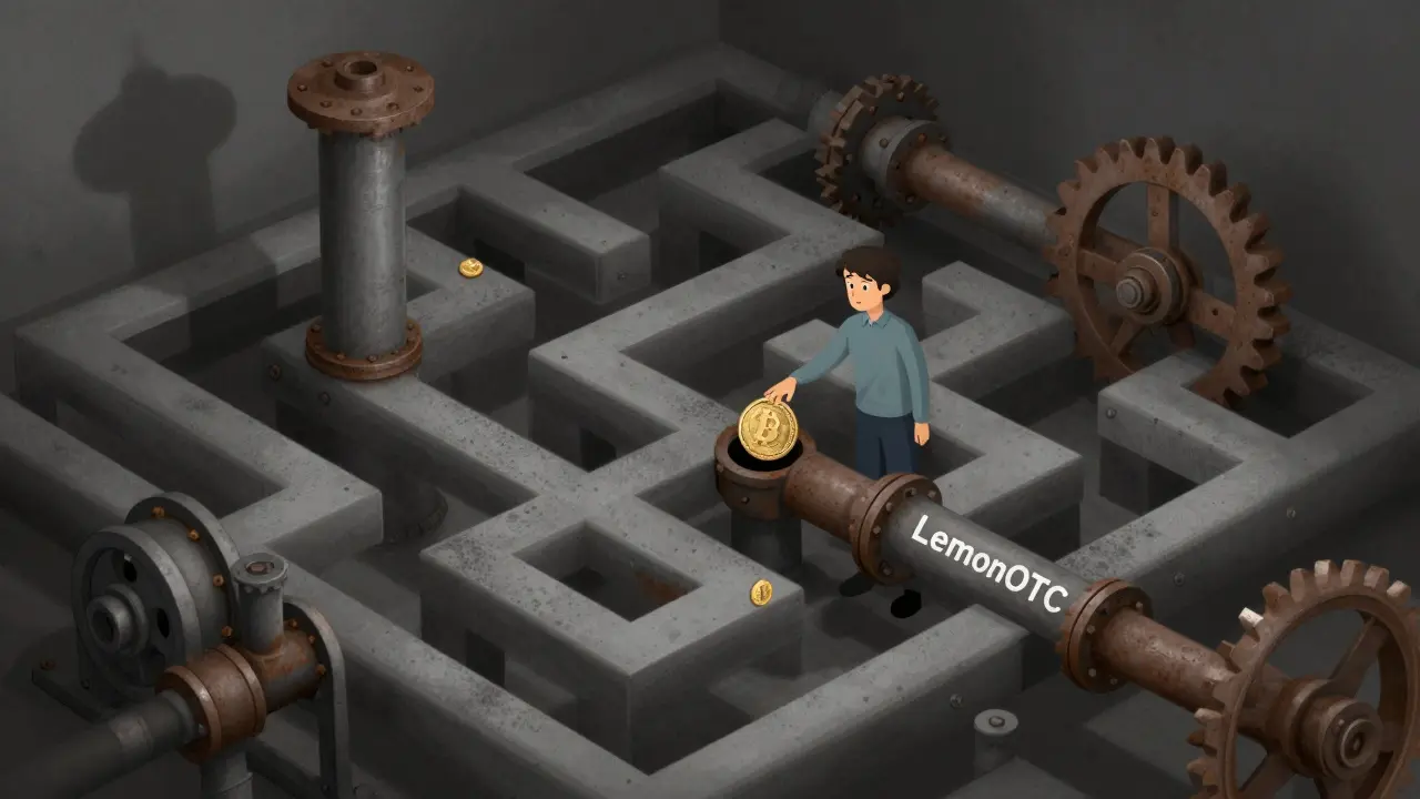 Illustration of confused user navigating rusty pipes for crypto deposits