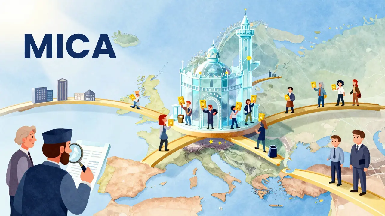Illustration of EU MiCA passporting allowing free movement across Europe