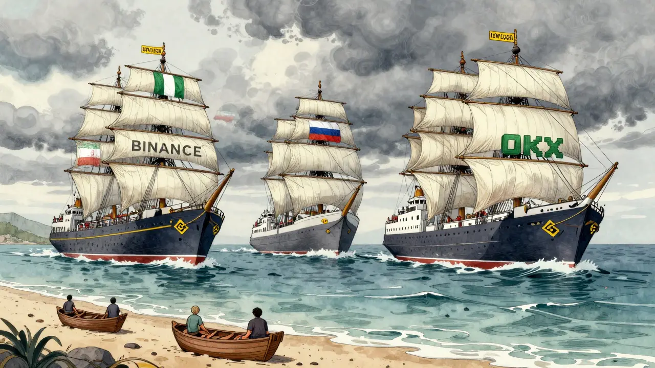 Large exchange ships leaving port while small user boats remain stranded