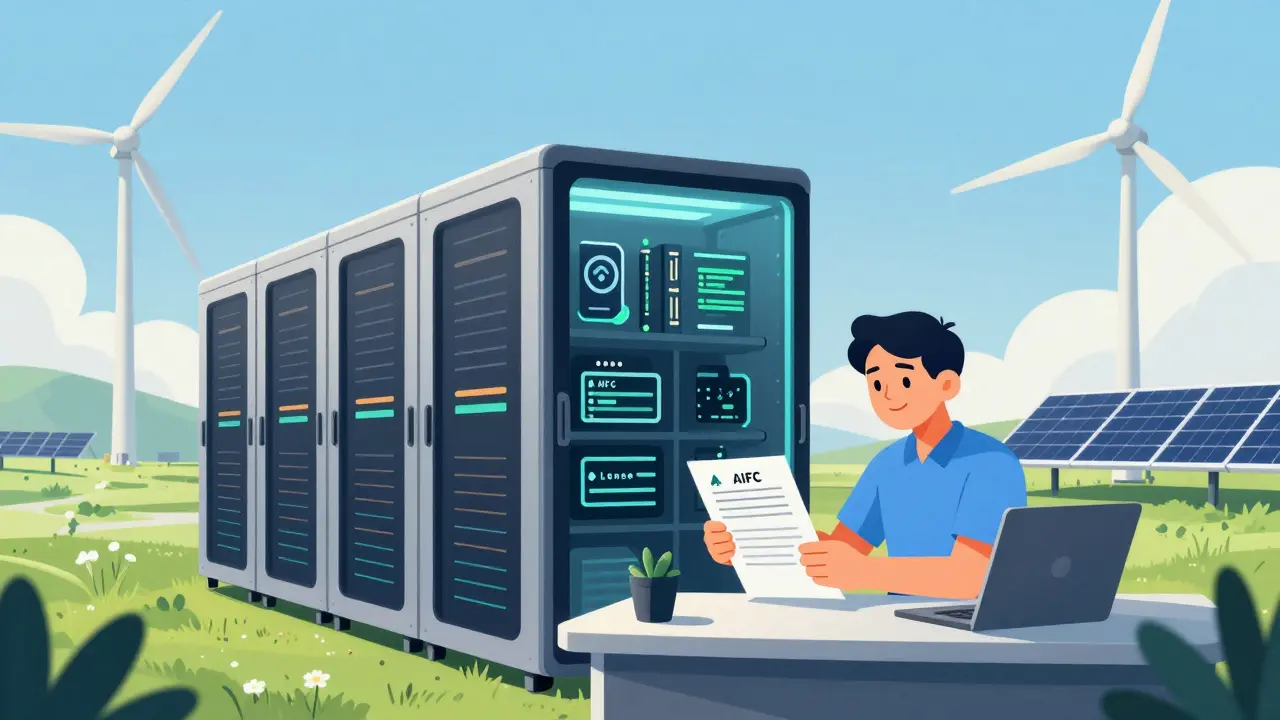 Licensed miner in a green energy data center reviewing compliance documents