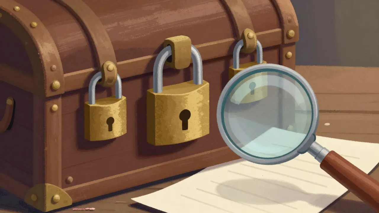 Locked treasure chest and blank paper under magnifying glass
