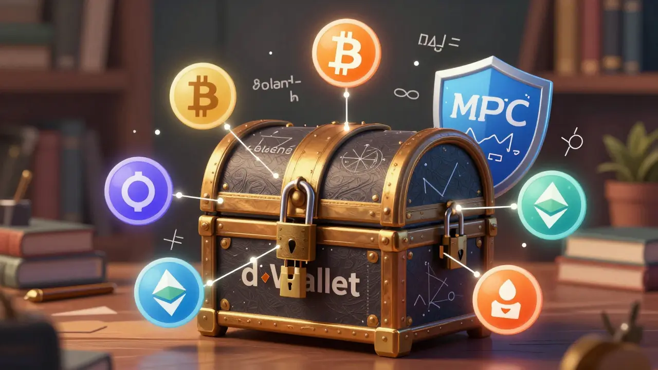 Magical dWallet chest secured by MPC cryptography connecting multiple blockchains
