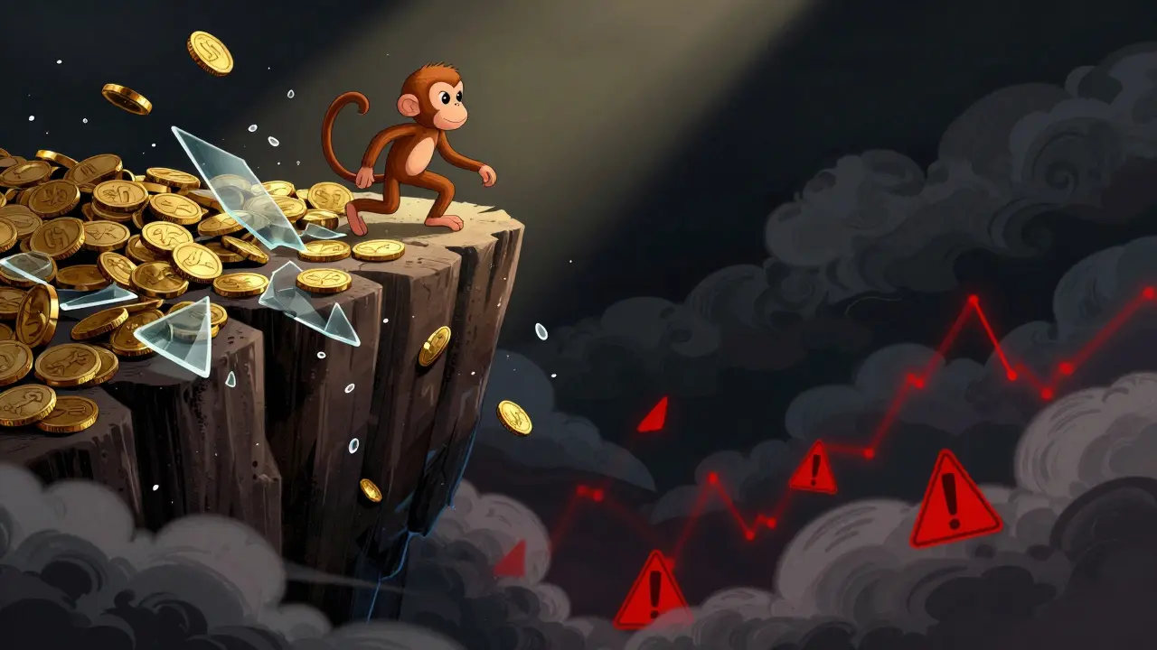 Monkey standing on a cliff of falling coins representing market volatility
