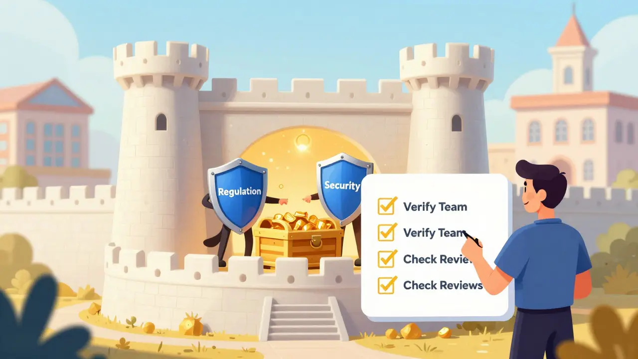 Secure fortress with shields representing safe, regulated trading