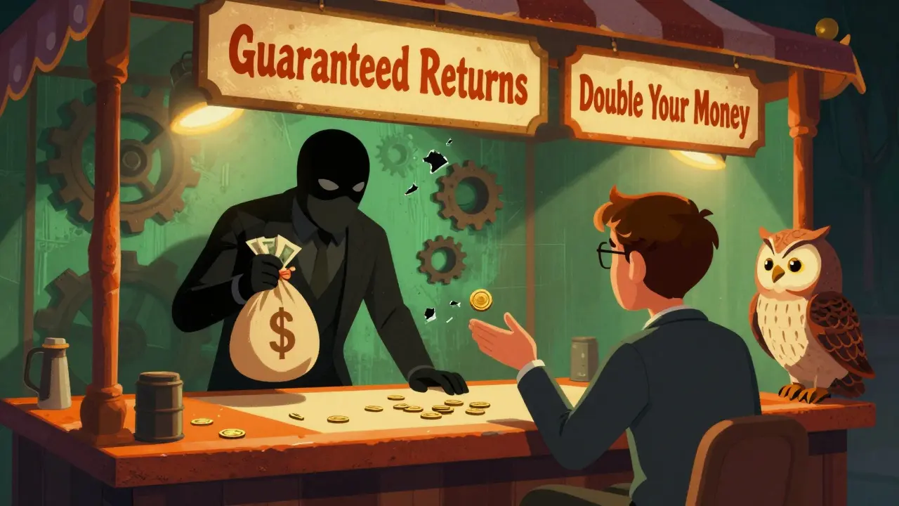 Shady carnival booth offering fake guaranteed returns to investors