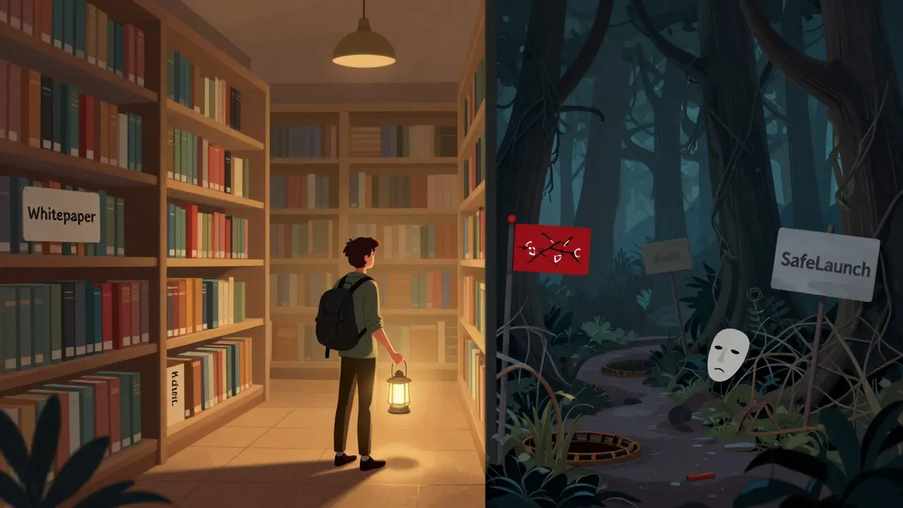 Split path showing safe library vs dangerous scam forest