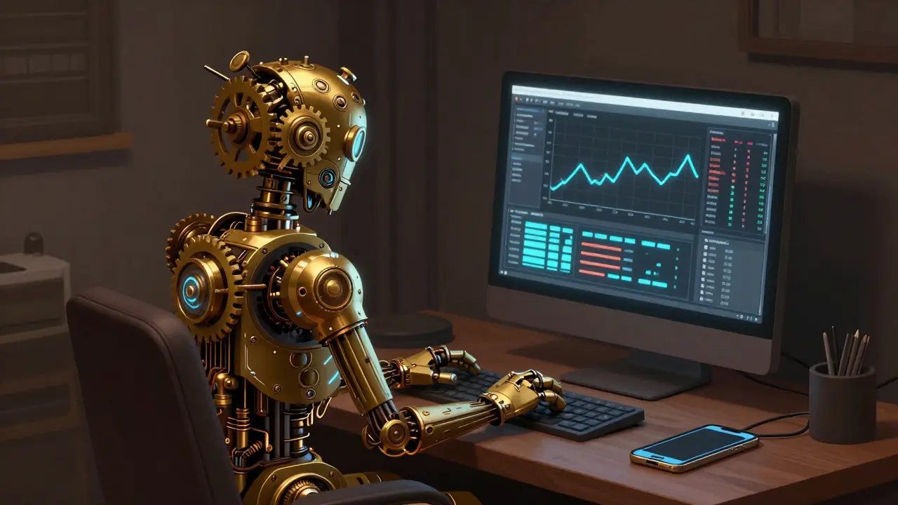 Steampunk trading bot at desktop with disconnected phone