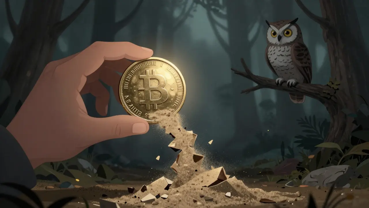 Storybook art of a crypto token dissolving into sand, symbolizing risk.