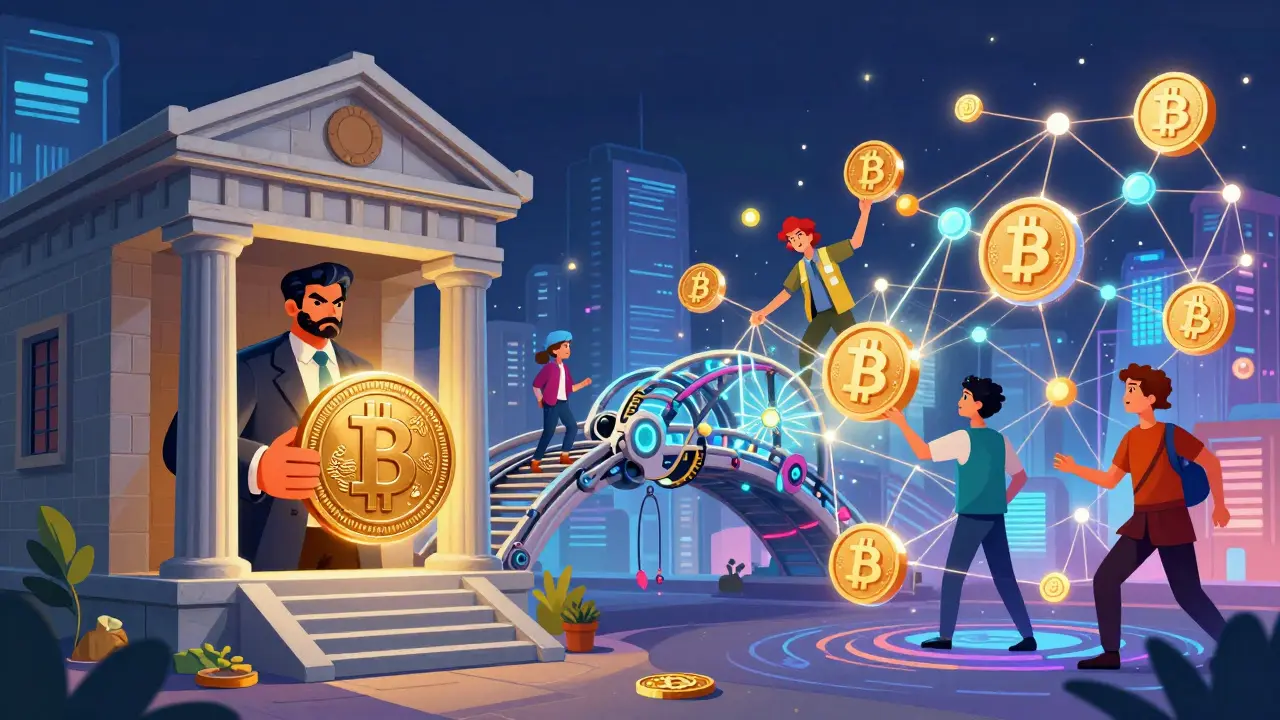 Storybook art showing CBDCs and private crypto connecting via a bridge