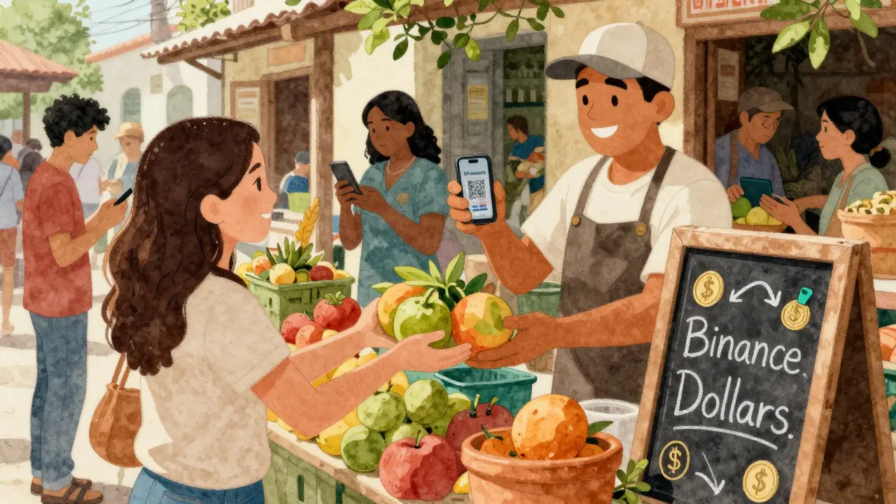 Street vendor selling fruit using smartphone payments in a colorful market