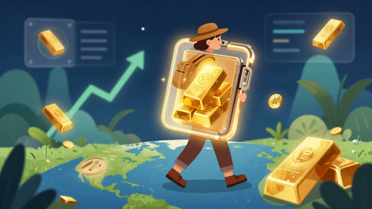Traveler carrying secure hardware wallet with floating gold bars