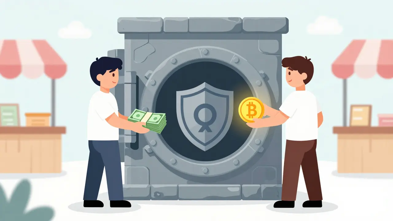Two characters exchanging cash and crypto via a secure escrow vault