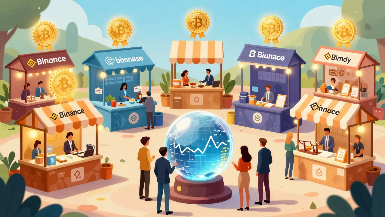 Vetted exchange stalls with glowing seals in a fantasy market
