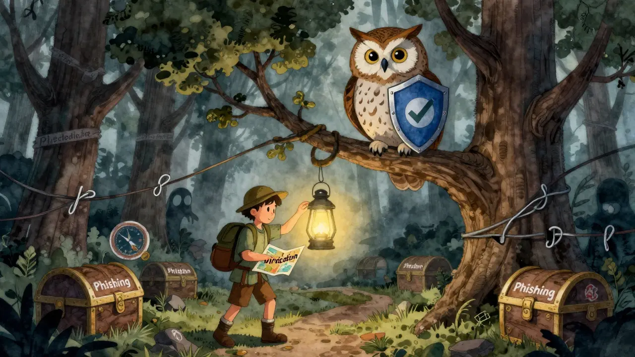 Wise owl guiding adventurer safely through crypto scam traps