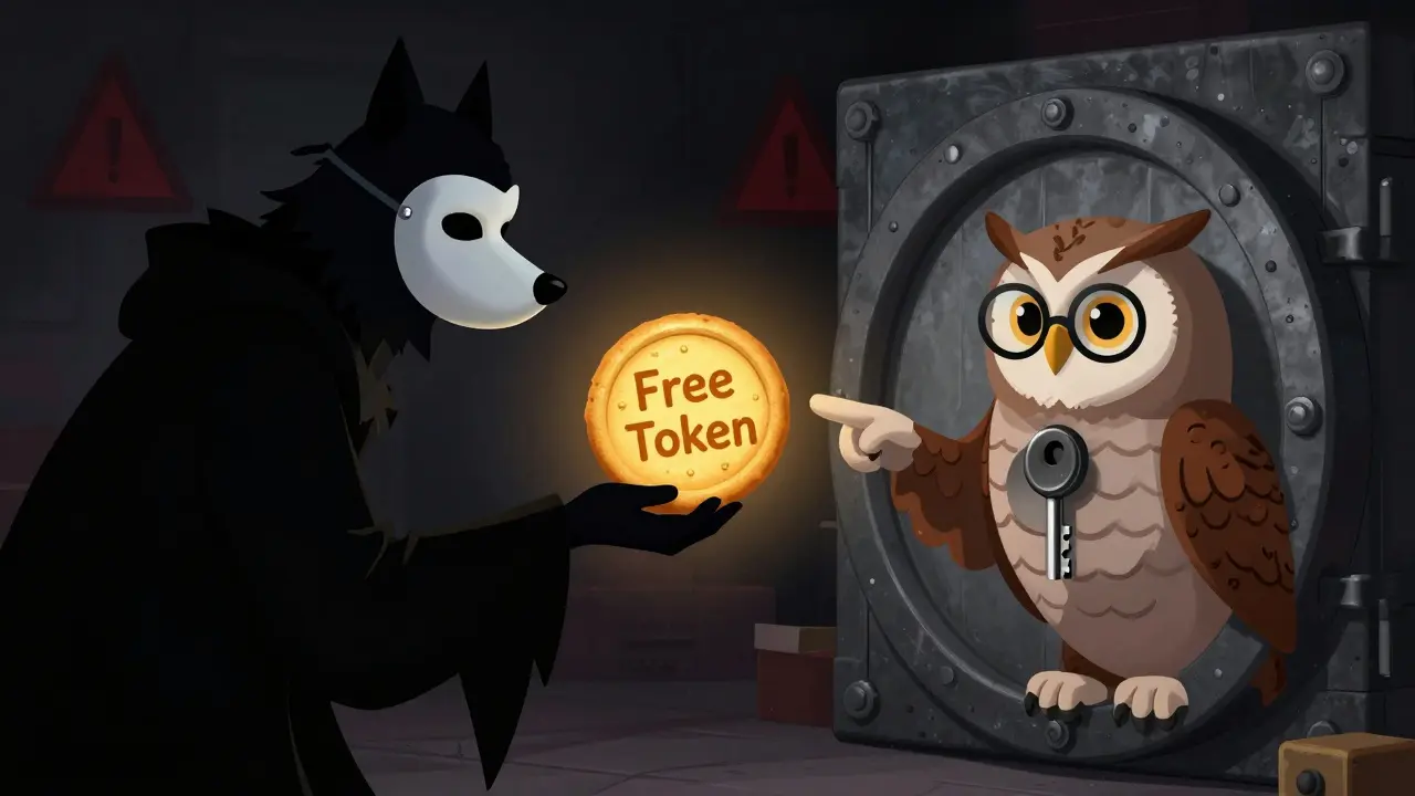 Wise owl rejecting fake free token offer from disguised scammer