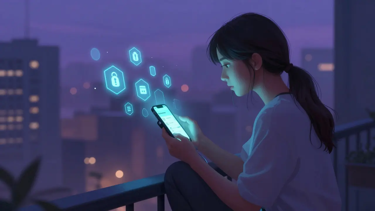 Woman using phone with power bank on balcony during evening blackout