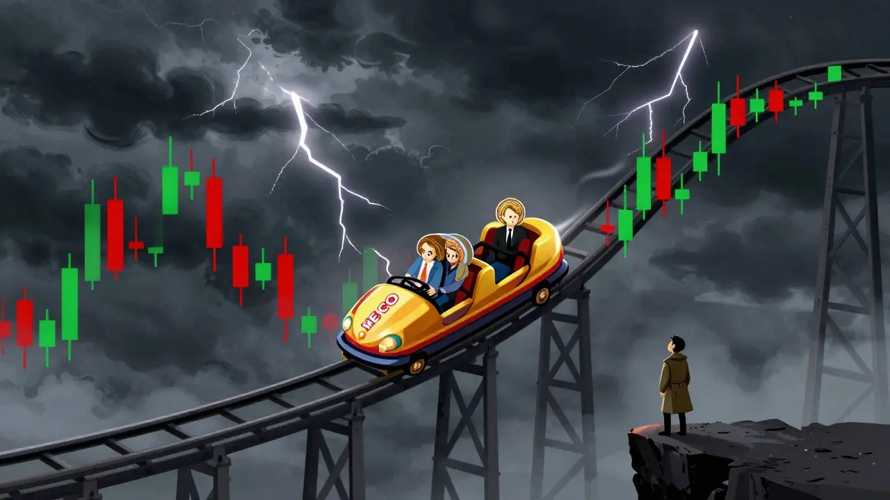A coin on a volatile rollercoaster track amidst storm clouds and charts.
