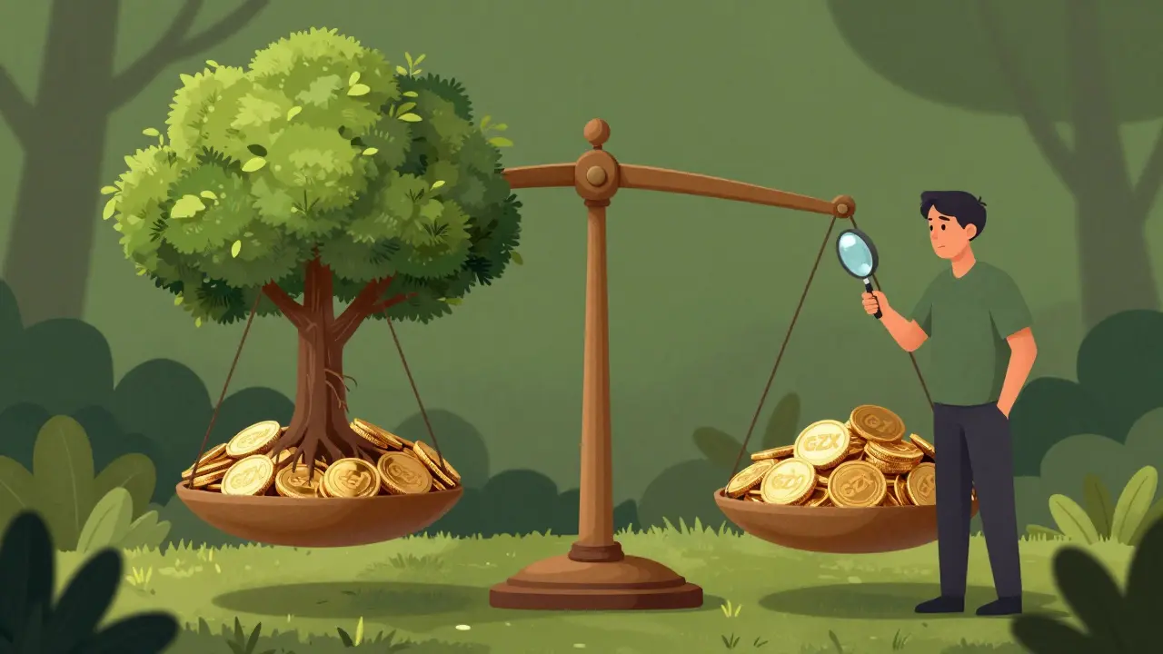 A scale balancing crypto tokens against a healthy tree, symbolizing eco-utility.