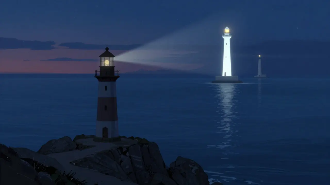 A small lighthouse standing alone against larger lights in the distance.