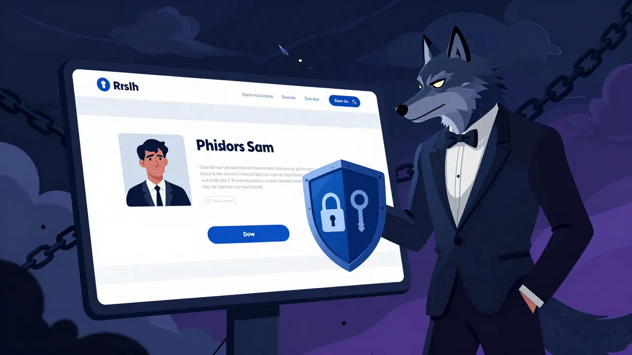 A wolf in a tuxedo approaching a user near a shady website interface