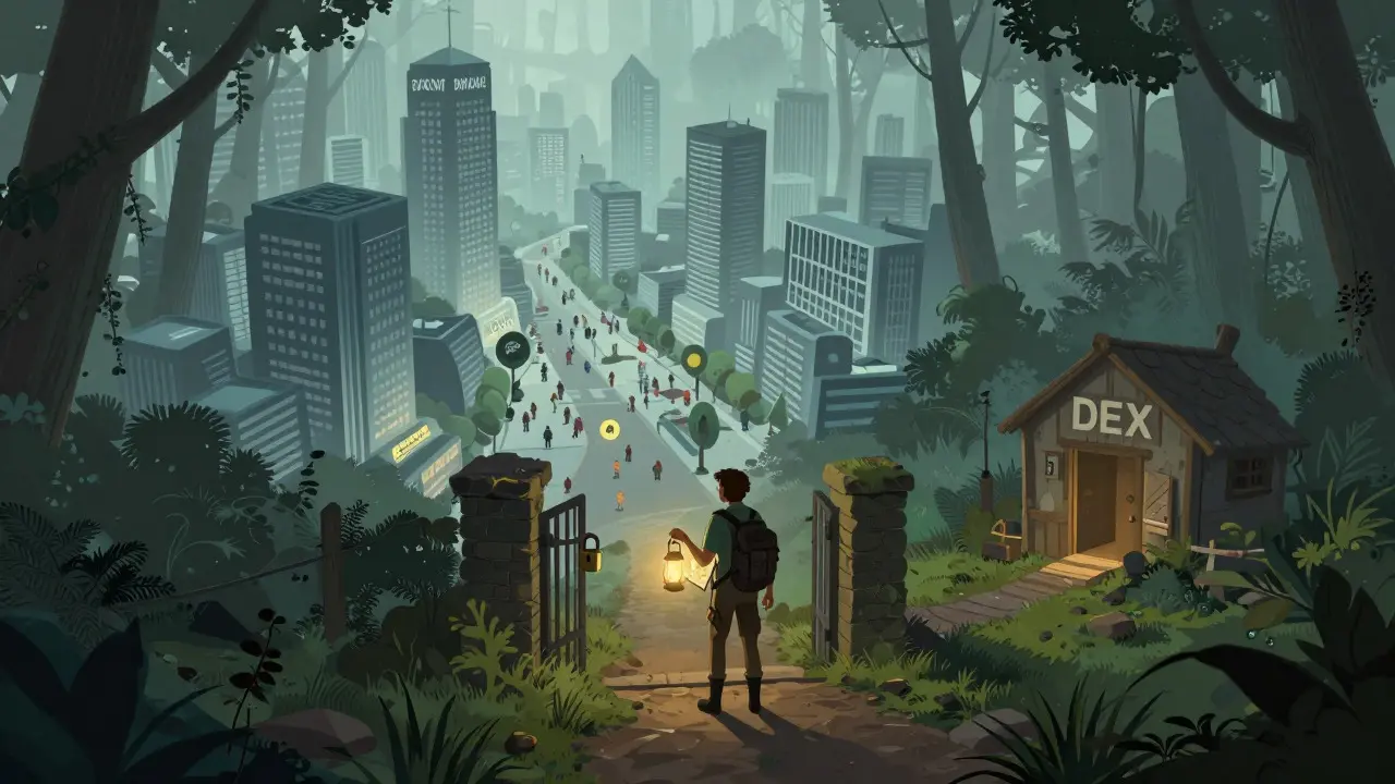An adventurer choosing between a locked exchange gate and a foggy DEX path.