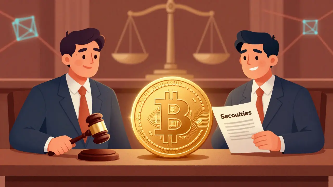 Cartoon courtroom scene where judges debate whether Bitcoin is a commodity or security, with coins and documents.